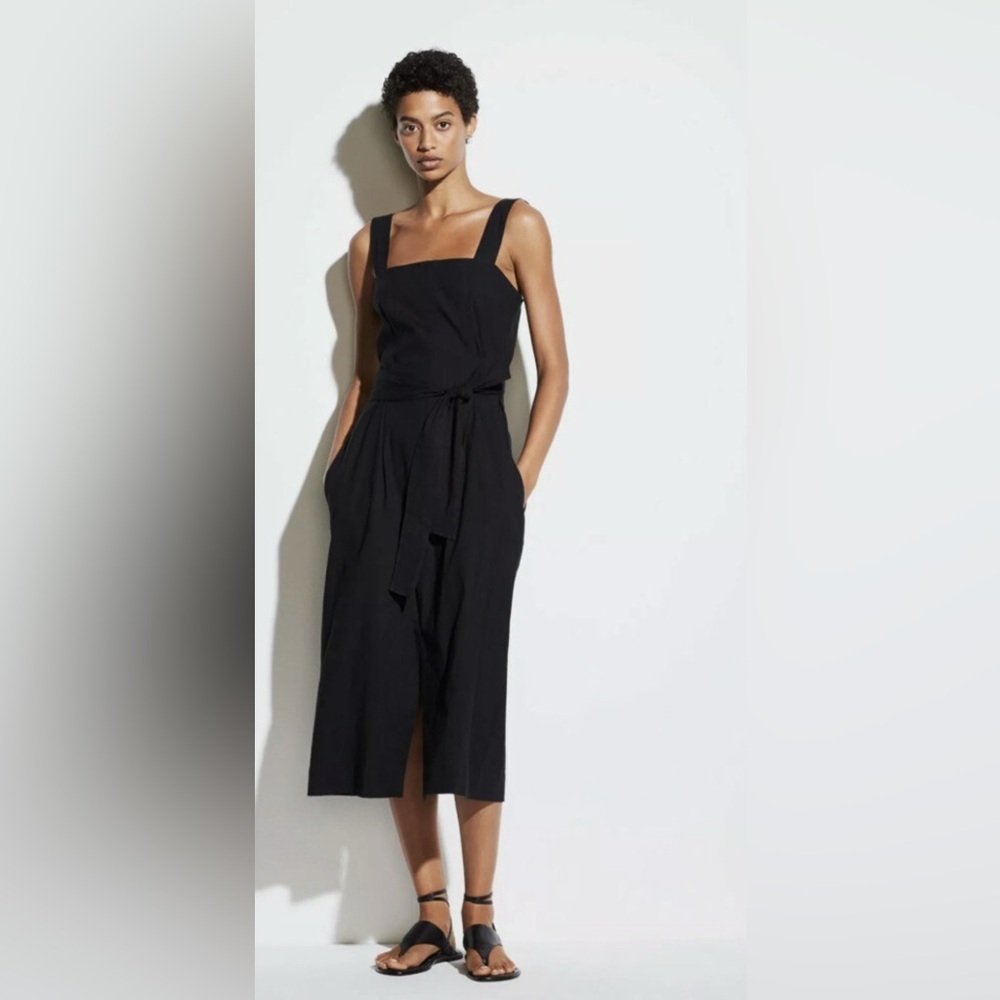 VINCE Linen Blend Tie Waist Midi Dress Black Slit Square Neck Size 2 EUC